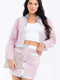WOMEN'S LONG SLEEVE FRONT POCKETS BUTTON CLOSURE PU PLEATHER TWEED BLAZER