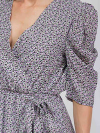 WOMEN'S SHORT SLEEVE SURPLICE SELF TIE FLORAL MIDI DRESS