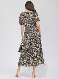 WOMEN'S SHORT SLEEVE BUTTON UP FRONT POCKETS FLORAL MAXI DRESS