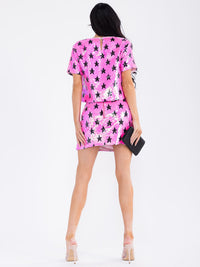 WOMEN'S SHORT SLEEVE STARS PRINT SEQUINS BLOUSE