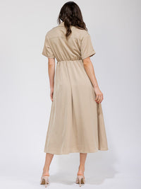 WOMEN'S SHORT SLEEVE BUTTON UP ELASTIC WAIST FRONT POCKETS MAXI DRESS