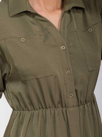 WOMEN'S SHORT SLEEVE BUTTON UP ELASTIC WAIST FRONT POCKETS MAXI DRESS