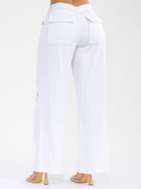 WOMEN'S BUTTON CLOSURE POCKETS DISTRESS DENIM WIDE LEG PANTS