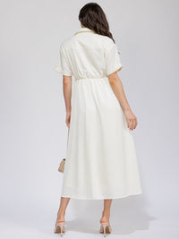 WOMEN'S SHORT SLEEVE BUTTON UP ELASTIC WAIST FRONT POCKETS MAXI DRESS