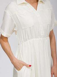 WOMEN'S SHORT SLEEVE BUTTON UP ELASTIC WAIST FRONT POCKETS MAXI DRESS