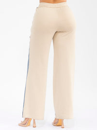 WOMEN'S ELASTIC WAIST SELF TIE POCKETS DENIM CONTRAST WIDE LEG PANTS