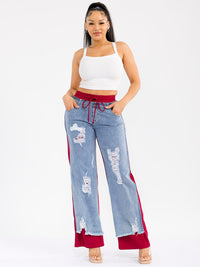 WOMEN'S ELASTIC WAIST SELF TIE POCKETS DENIM CONTRAST WIDE LEG DISTRESS PANTS