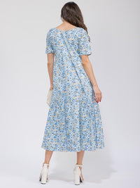 WOMEN'S SHORT SLEEVE V-NECK POCKETS TIERED FLORAL MAXI DRESS