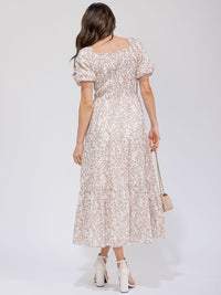WOMEN'S SHORT PUFF SLEEVE SMOCK POCKETS TIERED FLORAL MAXI DRESS
