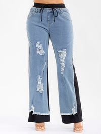 WOMEN'S ELASTIC WAIST SELF TIE POCKETS DENIM CONTRAST WIDE LEG DISTRESS PANTS