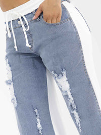 WOMEN'S ELASTIC WAIST SELF TIE POCKETS DENIM CONTRAST WIDE LEG DISTRESS PANTS