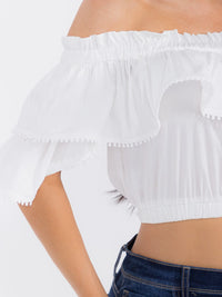 WOMEN'S OFF SHOULDER RUFFLE DETAILED CROP TOP