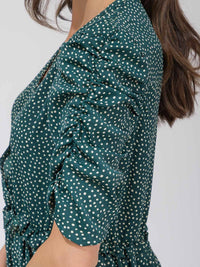 WOMEN'S SHORT RUCHED SLEEVE SURPLICE ELASTIC WAIST POLKA DOTS MAXI DRESS