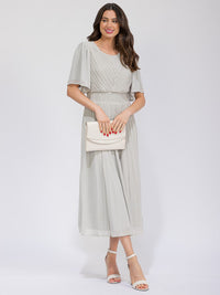 WOMEN'S SHORT SLEEVE SMOCK WAIST PLEATED MAXI DRESS