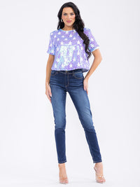 WOMEN'S SHORT SLEEVE STARS PRINT SEQUINS BLOUSE