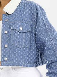 WOMEN'S LONG SLEEVE BUTTON CLOSURE FRONT POCKET DENIM SHERPA JACKET
