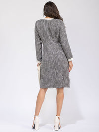 WOMEN'S LONG SLEEVE V-NECK BUTTON UP COLORBLOCK MIDI DRESS