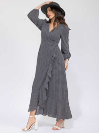 WOMEN'S LONG SLEEVE RUFFLE PLAID WRAP MAXI DRESS