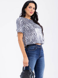 WOMEN'S SHORT SLEEVE ANIMAL PRINT SEQUINS BLOUSE