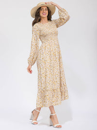 WOMEN'S LONG SLEEVE SMOCK POCKETS TIERED FLORAL MAXI DRESS
