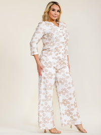 PLUS SIZE 3/4 SLEEVE BUTTON UP BLOUSE & ELASTIC WAIST POCKETS PANTS FLORAL EMBROIDERY 2PC. SET