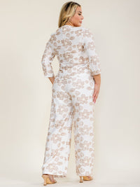 PLUS SIZE 3/4 SLEEVE BUTTON UP BLOUSE & ELASTIC WAIST POCKETS PANTS FLORAL EMBROIDERY 2PC. SET