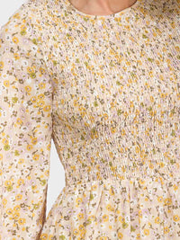 WOMEN'S LONG SLEEVE SMOCK POCKETS TIERED FLORAL MAXI DRESS