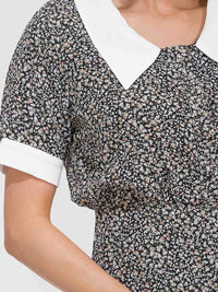 WOMEN'S SHORT SLEEVE BUTTON UP COLORBLOCK FLORAL MIDI DRESS
