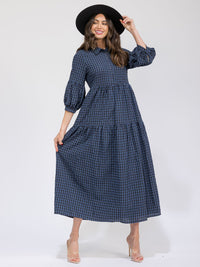WOMEN'S 3/4 SLEEVES BUTTON UP POCKETS TIERED PLAID MAXI DRESS