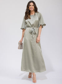 WOMEN'S SHORT SLEEVE POCKETS SEKF TIE SATIN MAXI DRESS
