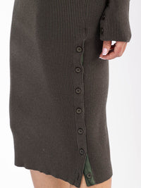 WOMEN'S LONG SLEEVE TURTLE NECK BUTTONS DETAILED RIBBED BODYCON MIDI DRESS