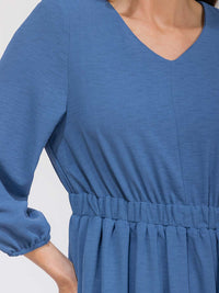 WOMEN'S 3/4 SLEEVES V-NECK ELASTIC WAIST FRONT POCKETS MAXI DRESS