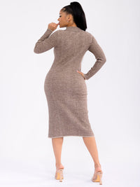 WOMEN'S LONG SLEEVE BUTTONS UP RIBBED BODYCON MIDI DRESS