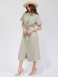 WOMEN'S SHORT SLEEVES BUTTON UP SELF TIE POCKETS MAXI DRESS
