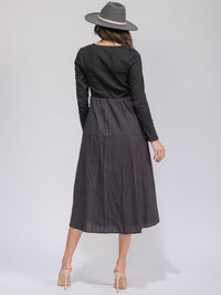WOMEN'S LONG SLEEVE POCKETS ELASTIC WAIST CONTRAST MAXI DRESS