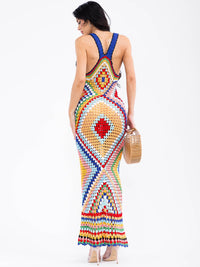 WOMEN'S SLEEVELESS V-NECK MULTI KNITTED BODYCON MAXI DRESS