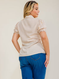 PLUS SIZE SHORT SLEEVE BUTTON UP EMBROIDERY RHINESTONES TRIM DETAILED BLOUSE