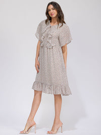WOMEN'S SHORT SLEEVE FRONT POCKETS V-NECK RUFFLE FLORAL MIDI DRESS