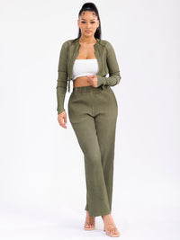 WOMEN'S LONG SLEEVE TOP & ELASTIC WAIST PANTS RIBBED 2PC. SET
