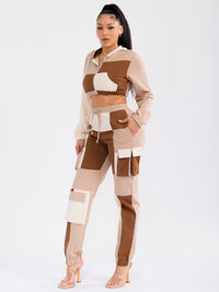 WOMEN'S LONG SLEEVE HOODED JACKET & ELASTIC WAIST PANTS COLORBLOCK 2PC. SET