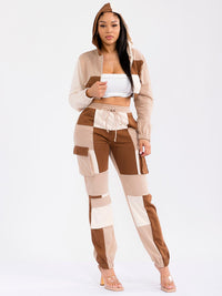 WOMEN'S LONG SLEEVE HOODED JACKET & ELASTIC WAIST PANTS COLORBLOCK 2PC. SET