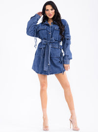 WOMEN'S LONG SLEEVE BUTTON UP POCKETS DENIM MINI DRESS