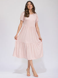 WOMEN'S SHORT SLEEVE FRONT POCKETS TIERED MAXI DRESS