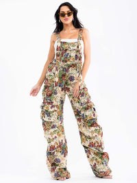 WOMEN'S SLEEVELESS CARGO POCKETS FLORAL WIDE LEG OVERALL