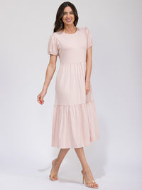 WOMEN'S SHORT SLEEVE FRONT POCKETS TIERED MAXI DRESS