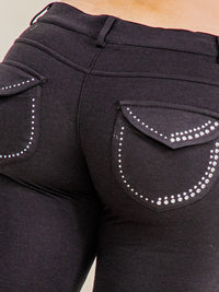 WOMEN'S BUTTON CLOSURE BACK POCKETS RHINESTONES SKINNY LEG LEGGINGS