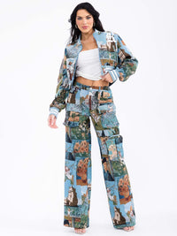 WOMEN'S BUTTON CLOSURE CARGO POCKETS WIDE LEG MULTI PRINT PANTS
