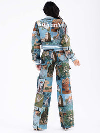 WOMEN'S ZIP UP JACKET & BUTTON CLOSURE PANTS MULTI PRINT 2PC. SET