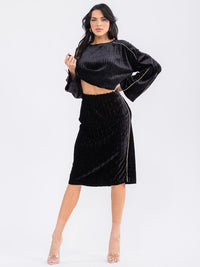 WOMEN'S LONG SLEEVE TOP & ELASTIC WAIST MIDI SKIRT VELVET DETAILED 2PC. SET