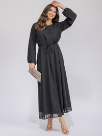 WOMEN'S LONG SLEEVES SELF TIE FRONT POCKETS MAXI DRESS
